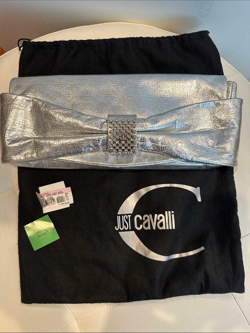 Just Cavalli Metallic Silver Bow Clutch with Crystal Accent